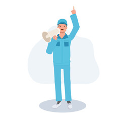 Cleaner using megaphone for announcements. male cleaner in blue uniform making an announcement with a megaphone