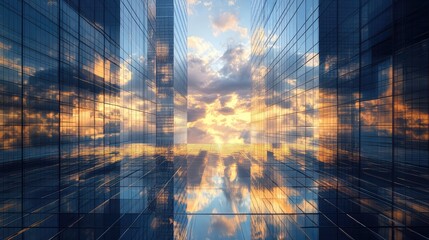 Floating glass buildings reflecting the sky and clouds, with light refracting through the intricate structures of the futuristic city.