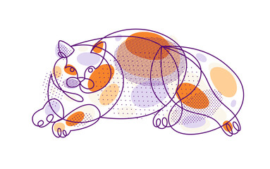 Fat and lazy cat line art vector illustration, linear drawing of pussycat relaxing, minimal outline sketch of cute domestic pet.