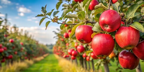 Obraz premium A Rows of Ripe Apples Gleam in the Afternoon Sun, Their Red Skins Catching the Warm Light, While the Orchard's Lush Green Foliage Provides a Beautiful Backdrop
