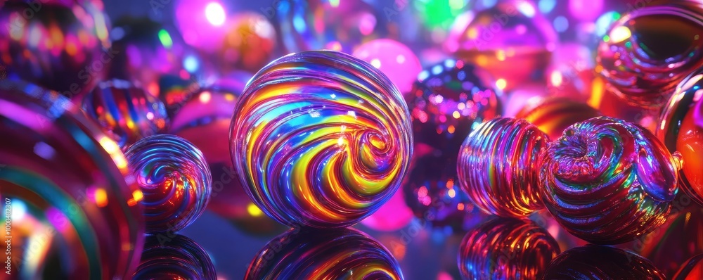 Poster Colorful and vibrant glass marbles reflect light in an abstract setting, creating a mesmerizing visual effect for artistic use.