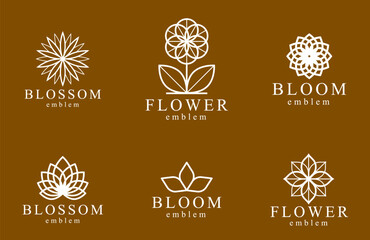 Flower in geometric linear style vector emblems set, blossoming flower hotel or boutique or jewelry logos collection, sacred geometry design elements.