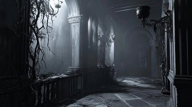 A haunting corridor adorned with eerie vines and dramatic lighting, capturing a sense of mystery and decay.
