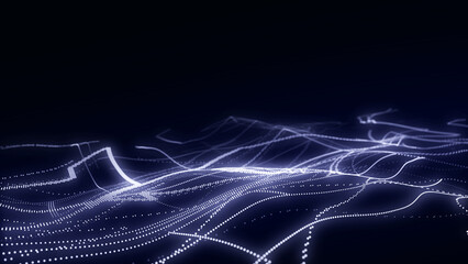 Colors wave with motion dots. Abstract digital background. Concept connection big data. Futuristic technology backdrop. 3D rendering.