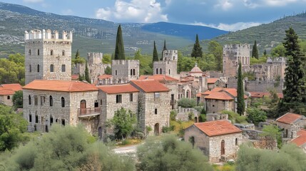 Obraz premium Historic Stone Village With Fortified Walls And Towers Nestled In Mountains In Greece