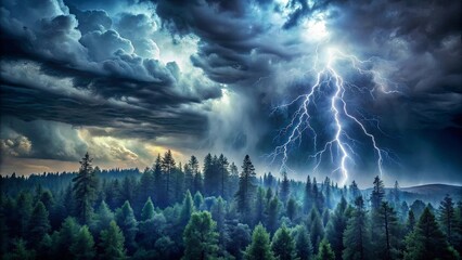 A vibrant bolt of lightning illuminates the dark forest under a dramatic stormy sky