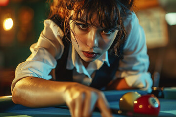 Fototapeta premium Concentrated professional snooker billiards player in match day, Generative AI photo