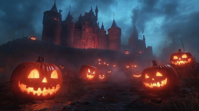 A spooky Halloween scene with glowing jack-o'-lanterns in front of a dark castle, creating a chilling atmosphere.