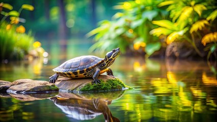 A turtle basking on a mossy rock in the tranquil reflection of a verdant pond