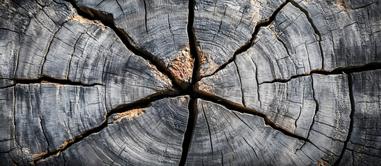 Fototapeta premium A textured backdrop featuring aged gray wood patterns offers a place for text or images Copy space image of an old cracked gray log trunk in the background provides texture