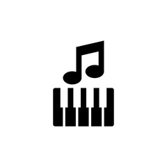 Modern, minimalistic black and white vector icon featuring music notes and piano keys.