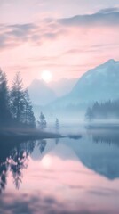 Serene landscape at sunrise with misty mountains and calm water.