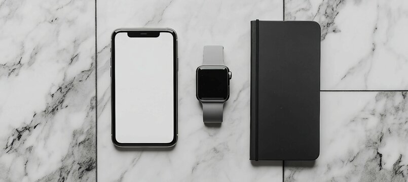 Flat lay of a smartphone, smartwatch and notebook on a marble background - Powered by Adobe