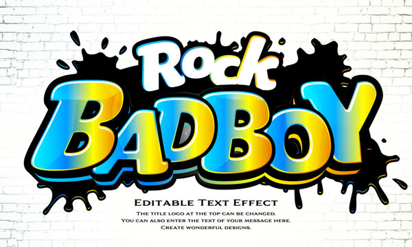 &rdquo;Badboy Rock&rdquo; editable graffiti title logo text style effect, with light blue, yellow gradient painted on a white brick wall. rounded sans,rounded sans serif,graffiti typeface