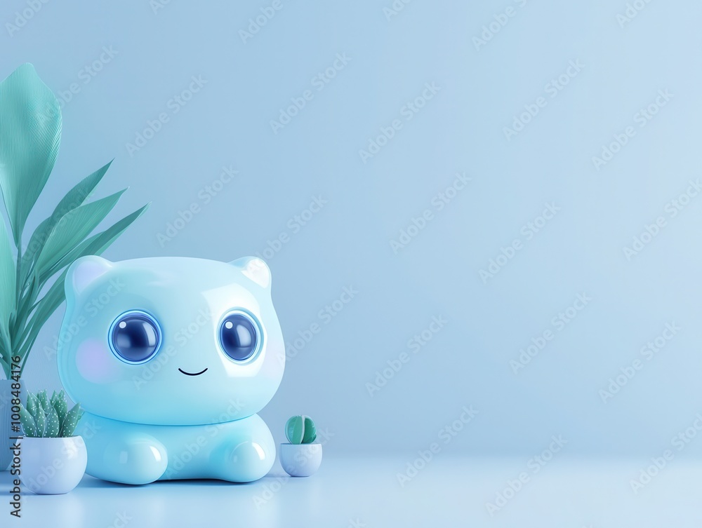 Canvas Prints Cute Cartoon Character with Plants on Blue Background.