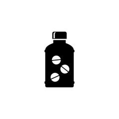 Obraz premium Black vector icon of a medication jar with visible tablets.