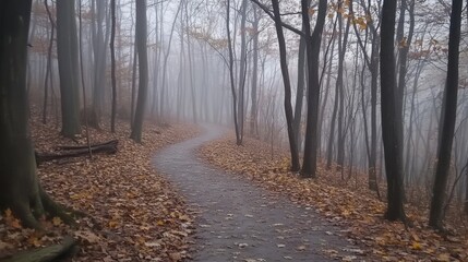 Obraz premium A path winds through the woods on a misty fall day.