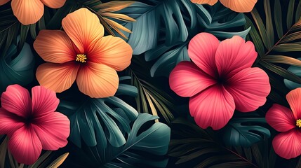 Vibrant arrangement of tropical foliage and flowers standing out against dark backdrop image