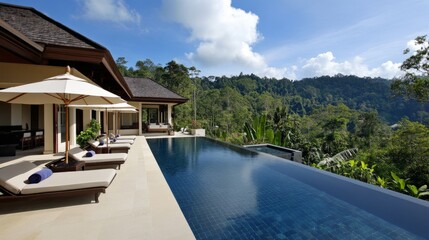 Fototapeta premium Luxurious villa with infinity pool overlooking lush green mountains.