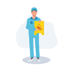 Cartoon Illustration of Male Cleaner,janitor in Blue Uniform Holding Caution Wet Floor Sign for Workplace Safety.