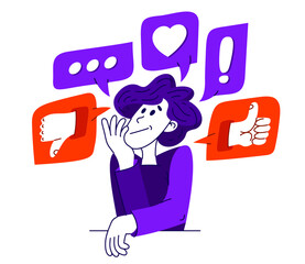 Young man is choosing between different reactions in social media, vector illustration of a person in doubt between different responses when communicating online.