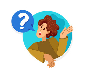 Young person talking online from a speech bubble, vector illustration of a conversation with accent on one-person trainer or mentor, online dialog, video speaker, social media commentator.