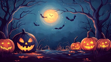 Fototapeta premium Spooky Halloween Pumpkins and Bats in Enchanted Forest at Moonlit Night