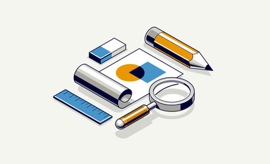 Engineer education concept, engineering project draft plan drawing in progress, learning study student in college, vector 3D isometric icon or logo with paper blueprint and pencil.