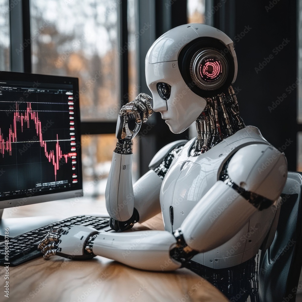 Poster ai trader analyzing stock market data on computer screen, artificial intelligence in finance