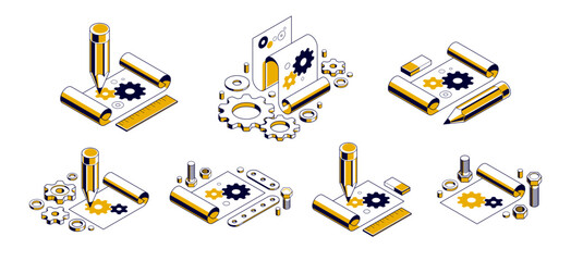 Mechanical engineering project concept set, engine draft plan drawing, technical scheme blueprint, paper sheet with gears and pencil 3D isometric vector illustration, repair tutorial.