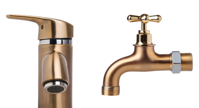 Two stylish bronze faucets isolated on a white background, showcasing modern plumbing fixtures for kitchen or bathroom.
