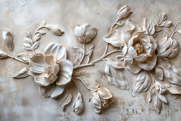 AI generated illustration luxury white wall design bas-relief animal and flowers decor element