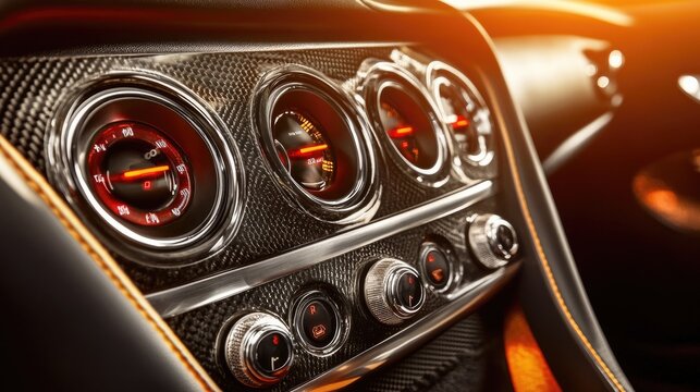Dashboard of a modern car showing the speedometer, navigation system, and fuel gauge, lit up at night