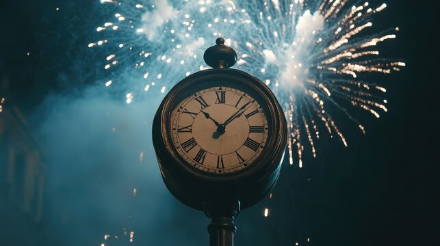 As the clock strikes midnight, colorful fireworks explode in the night sky, marking the start of the new year over a bustling city, illuminating the surroundings