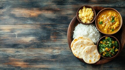 A school meal of poori, sabzi, and rice for kids in India, arranged with plenty of space for text.