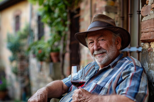 Generative AI portrait of a man enjoying wine outdoors