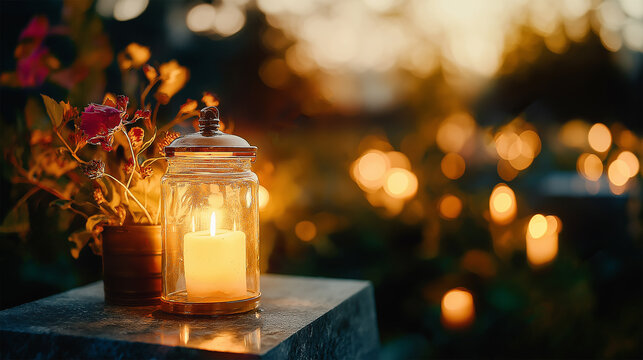 Votive Candle Illuminating Cemetery on All Saints' Day, All Souls' Day in Poland, Honoring Day of the Dead Memorial Tradition, Honoring the Dead on Graveyard.