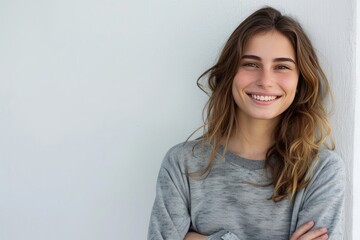 Obraz premium Portrait of a young woman with a genuine smile and arms folded, against a white background , background blur