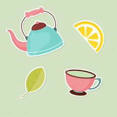 set of stickers, cup of tea, warm tea, drink, summer stickers, autumn, halloween