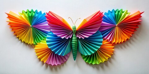 Obraz premium A vibrant butterfly crafted from colorful paper, showcasing intricate folded patterns and a contrasting green body, against a crisp white backdrop.