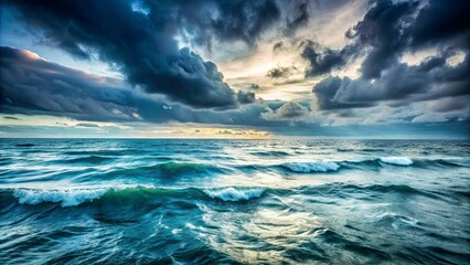 Obraz premium A Serene Sea with a Foreboding Sky, Waves Rolling in the Distance Under a Blanket of Storm Clouds