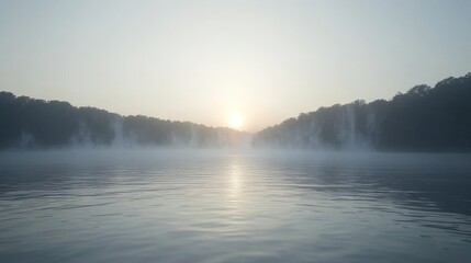 Fototapeta premium Misty sunrise over a calm river with trees on either side.