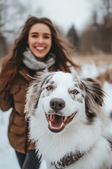 portrait of a happy dog and his owner in the background
