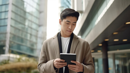 A handsome Asian man in his late twenties stands outside an office building, holding and reading from a tablet.