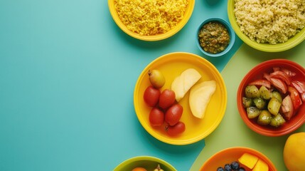 Balanced school lunch with poha, dal, and fruit for kids in India, with copy space around.