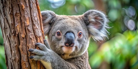 Obraz premium A koala's inquisitive gaze meets the camera, their fluffy ear catching the light as they cling to a rough-barked tree trunk, their eyes filled with a blend of curiosity and calm