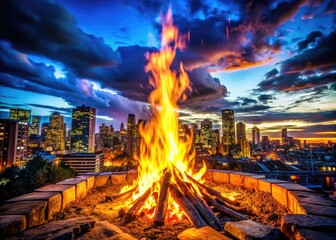 Obraz premium Dramatic Nighttime Fire Illuminates Urban Skyline Creating a Fiery Contrast with City Lights