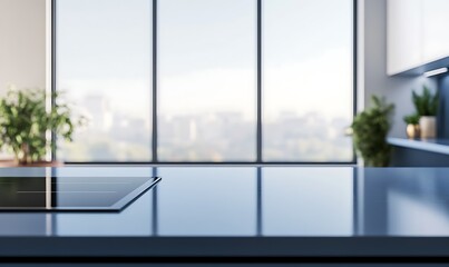 Fototapeta premium Kitchen with an empty blue countertop against a blurred background of a modern interior. Tabletop for product presentation. Clean mockup for food or laundry detergent, washing. 