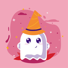 Halloween cute ghost character poster with orange hat on pink background, leaves, clouds, stars in flat style for posters, banners, wallpapers, icons	