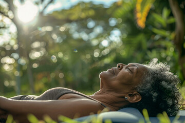 An old woman does yoga in the park. The morning summer sun is shining. The woman is healthy and happy.
